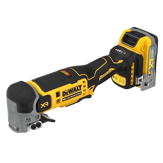DEWALT 18V XR cordless brushless multi-tool with battery, shown in yellow and black.