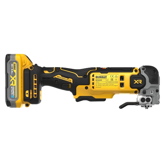 DEWALT DCS359 cordless brushless saw with yellow and black design, Powerstack XR battery attached.