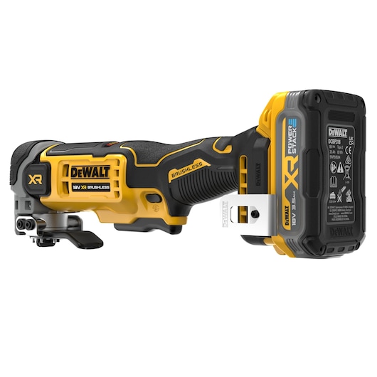 DEWALT 18V XR brushless cordless multi-tool with battery, black and yellow design, side view.