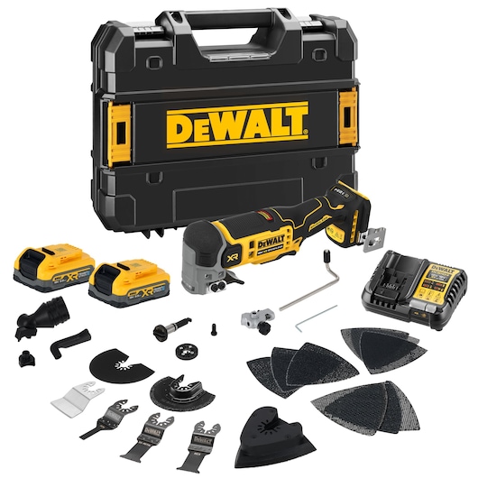 DEWALT cordless multi-tool kit with accessories, two batteries, charger, and carrying case.
