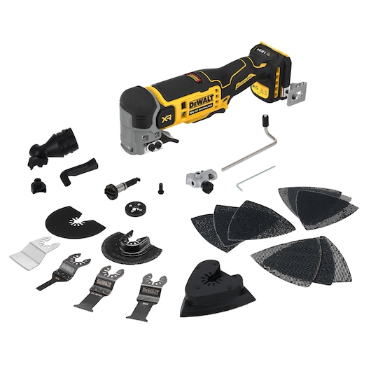 DEWALT DCS359S2 oscillating multi-tool kit with attachments, sanding pads, and blades, front angle on white.