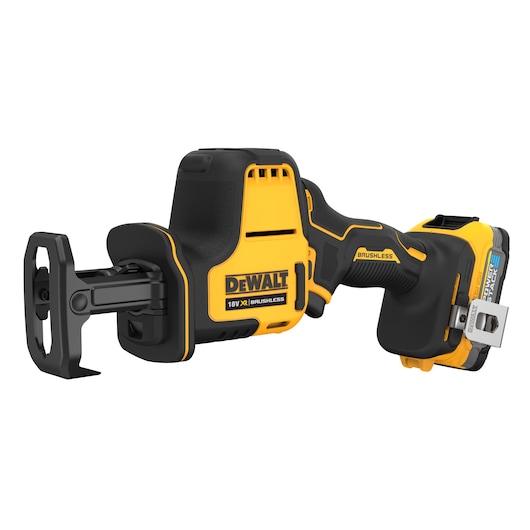 DEWALT 18V XR cordless brushless reciprocating saw with battery, yellow and black design.