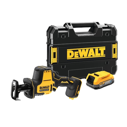 DEWALT cordless reciprocating saw set with case and battery, shown in black and yellow.