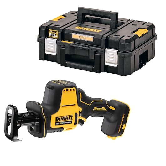 A DEWALT branded cordless reciprocating saw with an 18V XR brushless motor, shown alongside a black and yellow DEWALT TSTAK storage case.