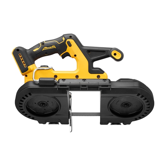 DEWALT DCS378N cordless brushless band saw with a yellow and black handle, designed for cutting metal or wood, shown against a white background.