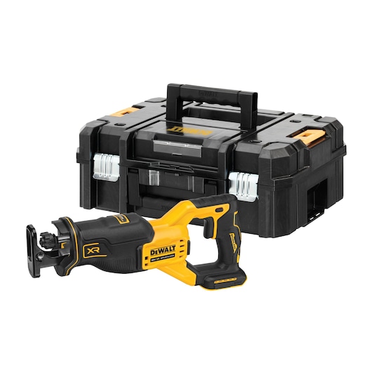 A DEWALT cordless reciprocating saw with a black and yellow design is placed in front of a large black DEWALT carrying case with a handle and metal latches.