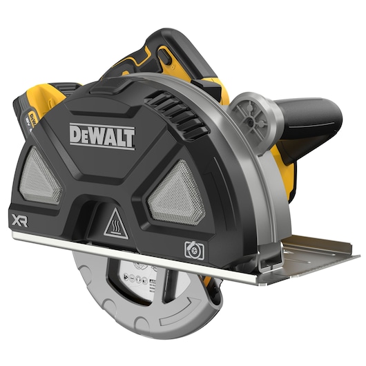 A DEWALT cordless circular saw with a black and yellow design, featuring a protective blade guard and a handle. The saw has XR branding and visible safety symbols on the blade guard.