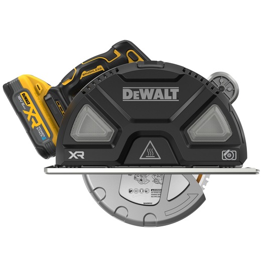 Front view of a DEWALT cordless brushless circular saw, model DCS383H2, with a visible battery pack attached on the left side. The saw features a protective blade guard and XR branding.