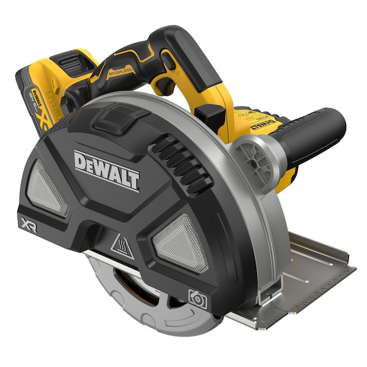 A DEWALT cordless brushless circular saw with a black and yellow design, visible battery pack, safety guard over the blade, and ergonomic handle.