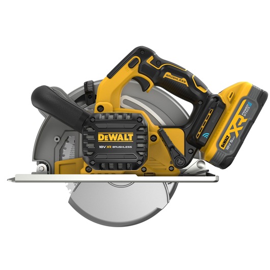 Cordless circular saw from DEWALT with brushless motor, 18V XR battery, featuring yellow and black design, side profile view.