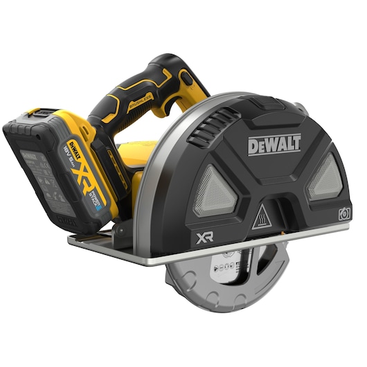 A DEWALT cordless brushless circular saw with an XR 18V battery, featuring a prominent protective blade cover and ergonomic handle.