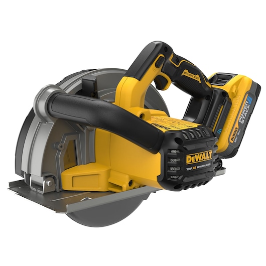 A yellow and black DEWALT cordless circular saw with an 18V XR brushless motor and Powerstack battery, designed for cutting wood and other materials.