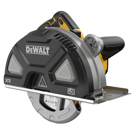 Cordless DEWALT XR circular saw with black and yellow handle, metal base plate, and protective blade guard. The DEWALT logo is prominent on the side of the tool.