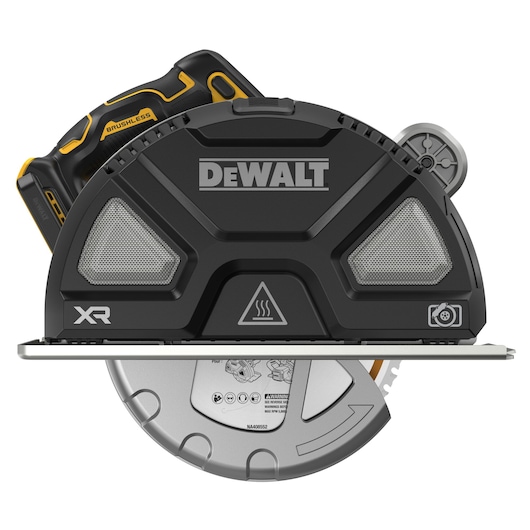 Front view of a DEWALT cordless circular saw with a black and silver blade guard, labeled XR and Brushless. The tool is partially visible with its ergonomic handle on top and blade edge below.