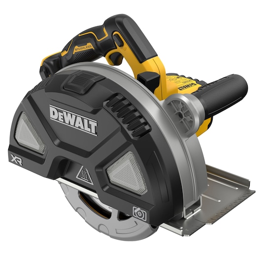 A cordless DEWALT power saw with a black and yellow body, featuring a brushless motor and a protective blade guard. The tool is designed for cutting materials and has an ergonomic handle.