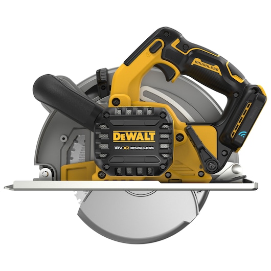 A DEWALT 18V XR Brushless cordless circular saw featuring a black and yellow body, ergonomic handle, and exposed silver blade.