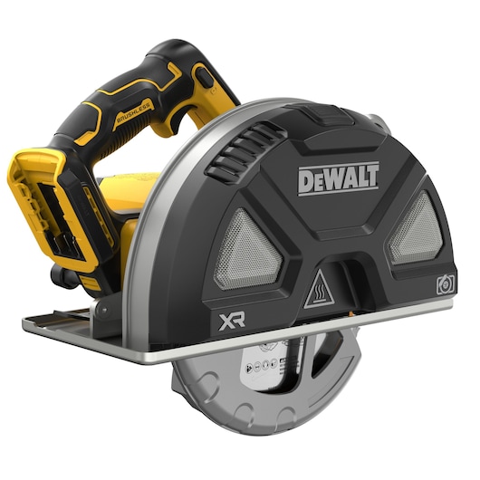A DEWALT cordless brushless metal cutting circular saw with a protective black and silver blade guard, ergonomic yellow and black handle, and visible branding on the front.
