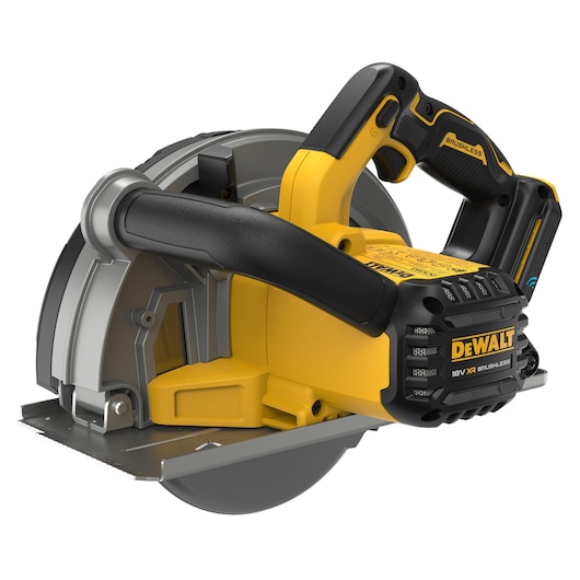 A DEWALT 18V XR brushless cordless circular saw with yellow and black design, shown from a side angle on a white background.