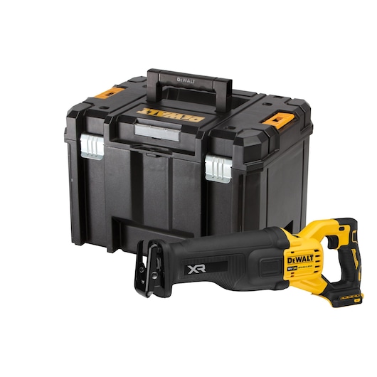 A DEWALT cordless reciprocating saw with a black and yellow design, displayed in front of a black DEWALT carrying case with orange and silver accents.