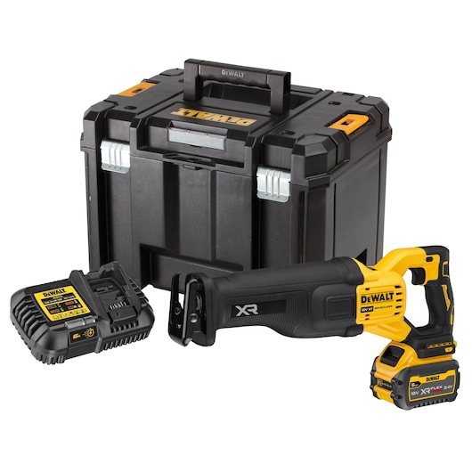 DEWALT cordless reciprocating saw kit including a yellow and black cordless reciprocating saw with battery, charger, and sturdy black carrying case.