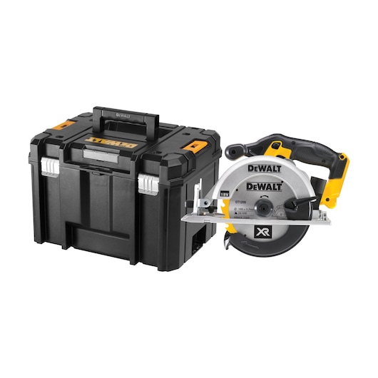A DEWALT cordless circular saw and a rugged black storage case with yellow and silver accents, positioned side by side on a white background.