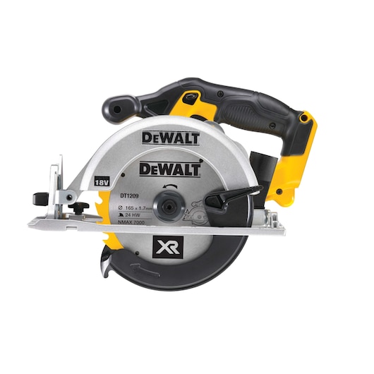 A DEWALT cordless circular saw with a yellow and black handle, featuring an 18V motor and a silver blade guard. The saw is marked with the XR logo and technical specifications are visible on the blade.