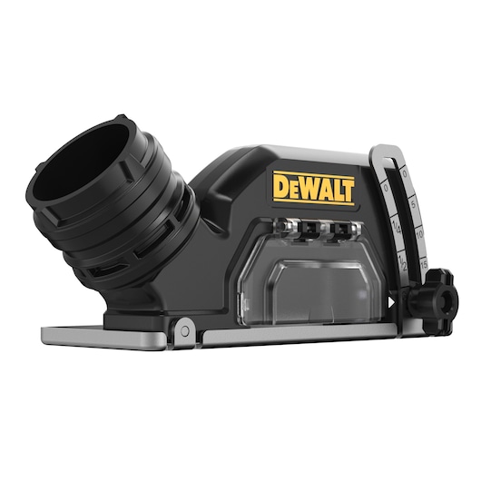 A black and silver DEWALT branded power tool accessory, possibly a dust extraction attachment, featuring an angled port, a clear plastic section, and a measurement gauge on the side.