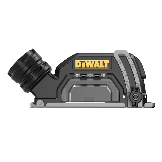 Side view of a DEWALT DCS438E2T power tool attachment with black and yellow branding, adjustment dials and measurement markings, isolated on a white background.