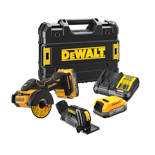 A DEWALT cordless cutting tool kit is displayed, including a power tool, battery, charger, attachment, and a black and yellow carrying case with the DEWALT logo.