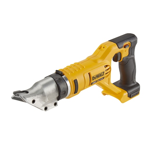 Yellow DEWALT cordless metal shear tool with black handle, shown on a white background.