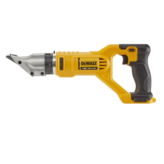 DEWALT cordless metal shear tool, yellow and black, 18V XR Li-Ion, side view, battery not included.