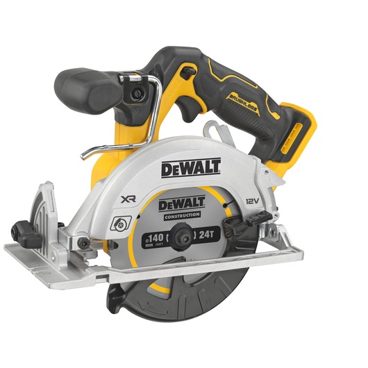 A DEWALT cordless circular saw with a yellow and black handle, featuring a 12V brushless motor and a 140mm blade. The saw includes a metal guard and base, suitable for construction and cutting tasks.