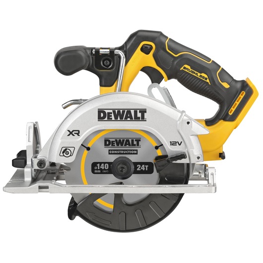 A DEWALT 12V cordless circular saw with a brushless motor, visible blade guard, ergonomic yellow and black handle, and construction labeling on the blade.