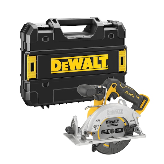 DEWALT cordless circular saw with a black and yellow carrying case.