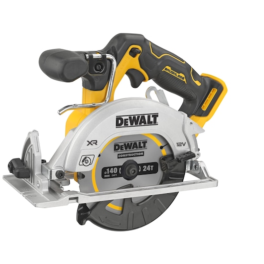 A DEWALT cordless circular saw with a silver and black blade, ergonomic black and yellow handle, and XR branding, shown on a white background.