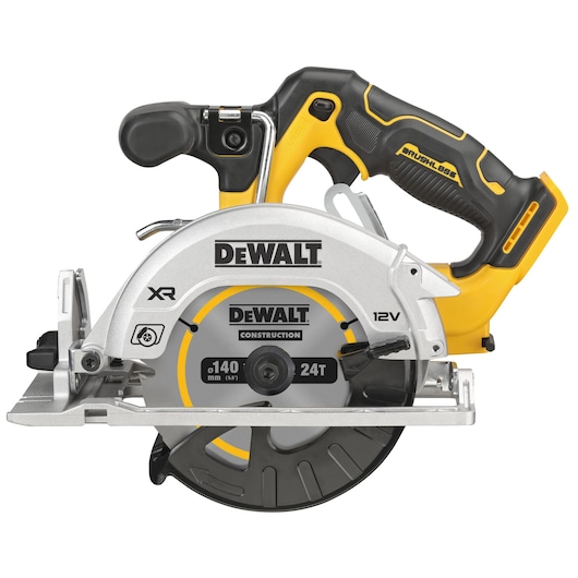 A DEWALT DCS512N 12V cordless circular saw with a brushless motor. The saw features a yellow and black handle, a silver blade guard, and a 140 mm, 24-tooth cutting blade labeled 'DEWALT Construction.'