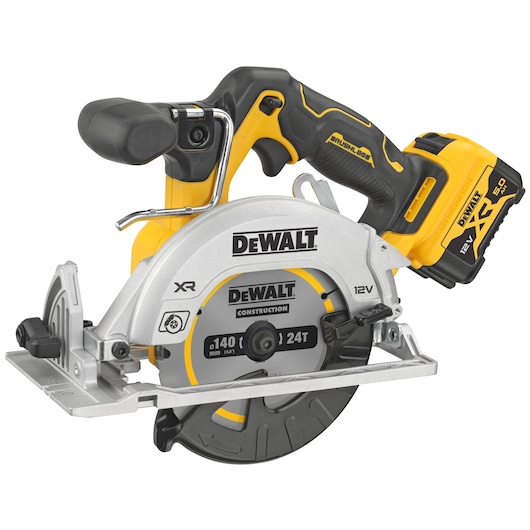 A DEWALT 12V cordless circular saw with a brushless motor, featuring a yellow and black handle, a 140 mm blade, and a 5.0 Ah XR battery attached.