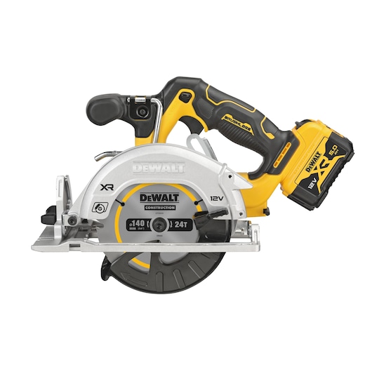 A DEWALT cordless circular saw with a yellow and black design, featuring a 12V XR lithium-ion battery and a 140mm blade. The product is shown in close-up against a white background.