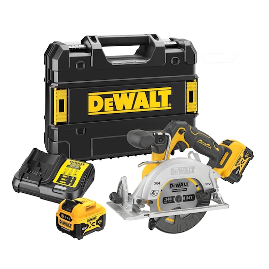 A DEWALT cordless circular saw kit including a compact circular saw, two rechargeable batteries, a battery charger, and a sturdy black and yellow carrying case with the DEWALT logo.