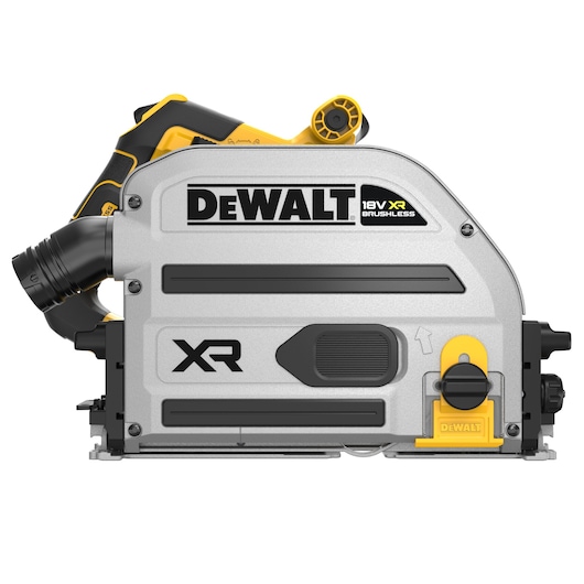 DEWALT 18V XR Brushless track saw with silver casing and yellow-black detailing, side view.