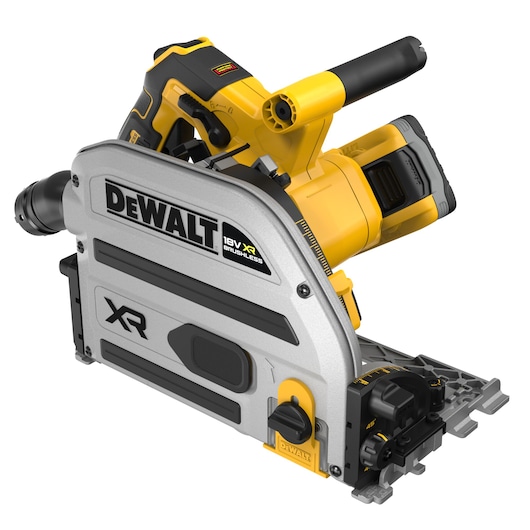 DEWALT 18V XR brushless cordless plunge saw with silver and yellow design, ergonomic handle, sturdy base.