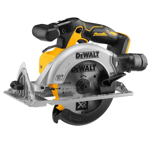 A DEWALT cordless circular saw with a brushless motor, featuring a yellow and black design. The saw blade is partially covered by a protective guard and the DEWALT logo is prominently displayed on the body.