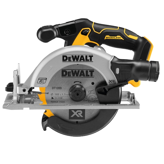 A DEWALT cordless brushless circular saw with a black and yellow handle, silver blade guard, and visible blade labeled DT1209. The model number DCS565NT and XR branding are shown.