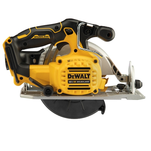 A DEWALT DCS565NT cordless circular saw with brushless motor, featuring a yellow and black design.