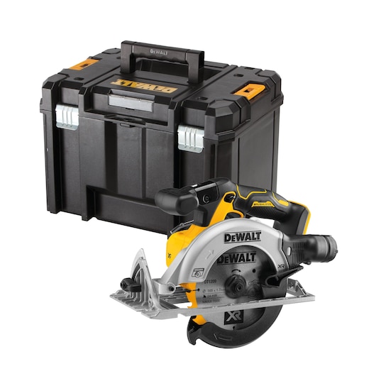 A DEWALT cordless circular saw placed in front of a sturdy black tool storage box with yellow accents. The saw features a metallic blade guard and ergonomic handle, designed for professional use.