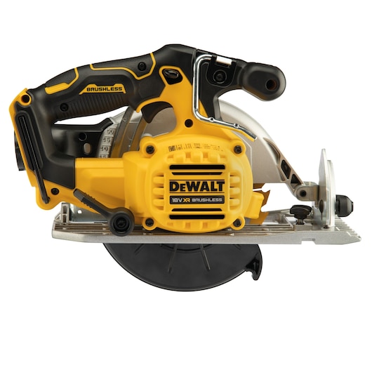 A DEWALT cordless circular saw with brushless motor, featuring a yellow and black design and labeled 18V XR Brushless.