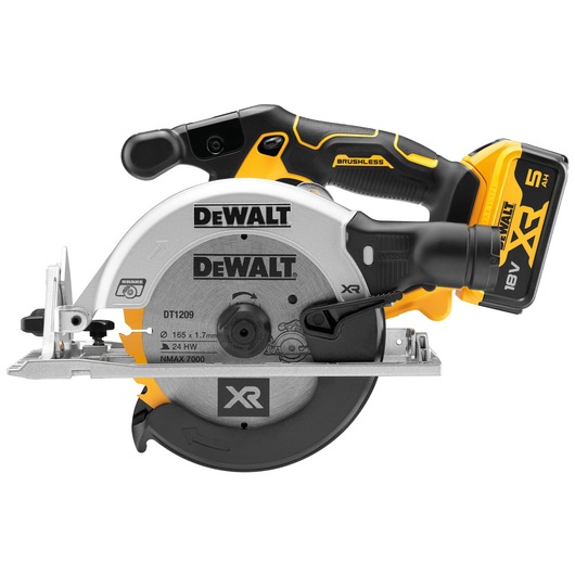 DEWALT DCS565P2 cordless circular saw with a brushless motor, featuring a silver blade guard, black and yellow handle, and an 18V XR lithium-ion battery.