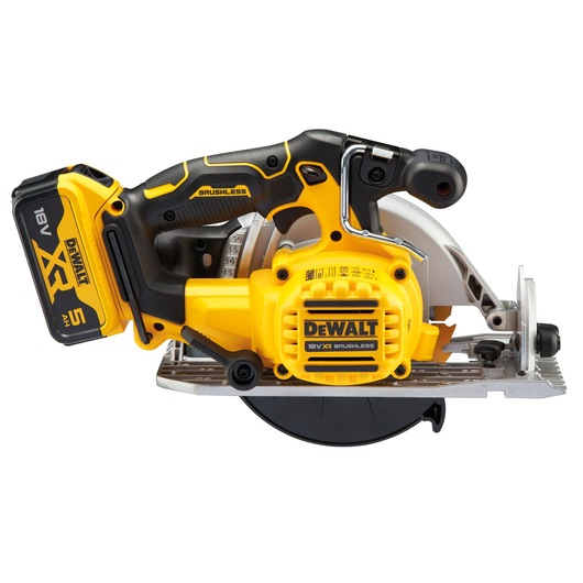 A DEWALT DCS565P2 18V XR cordless brushless circular saw with a yellow and black battery pack, side view.