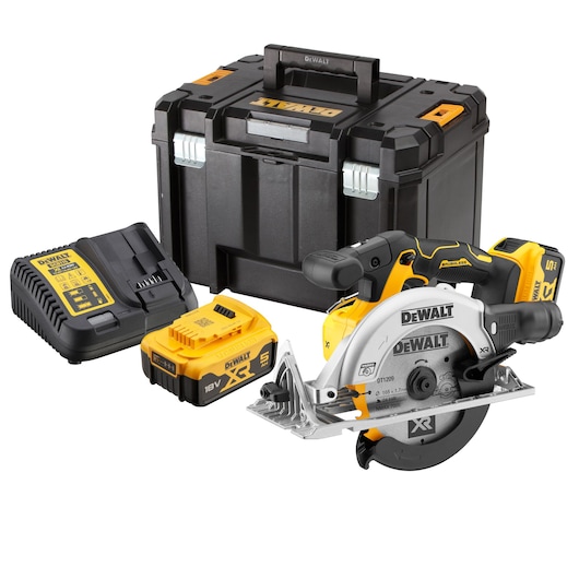 DEWALT cordless circular saw set, including a circular saw, charger, battery, and a sturdy black storage case.