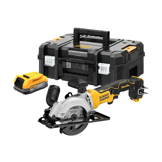 DEWALT cordless circular saw set with battery and storage case, shown on a white background.